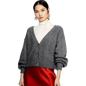 Topshop Size 8 Womens Horn Button Soft Crop Balloon Sleeve Cardigan Sweater Gray